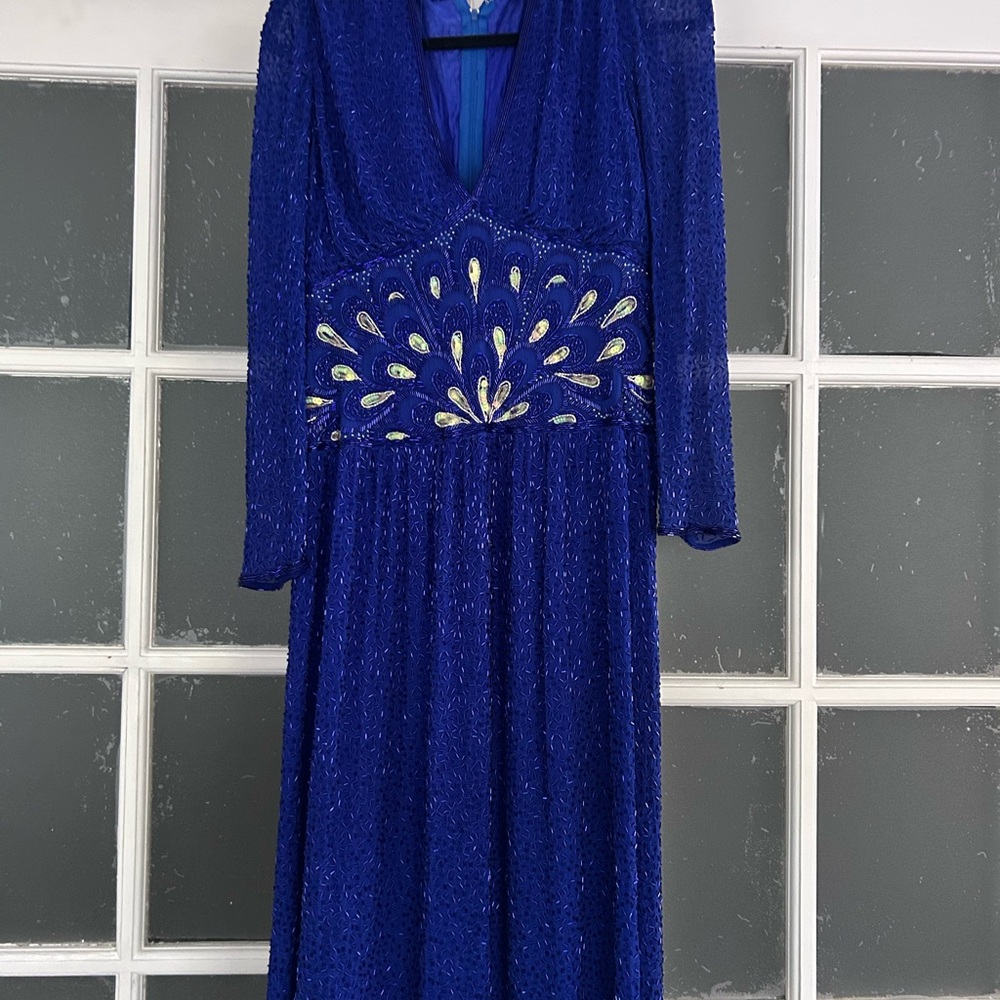Elegant Peacock Blue Long Sleeve Dress -A beaded vintage beauty!